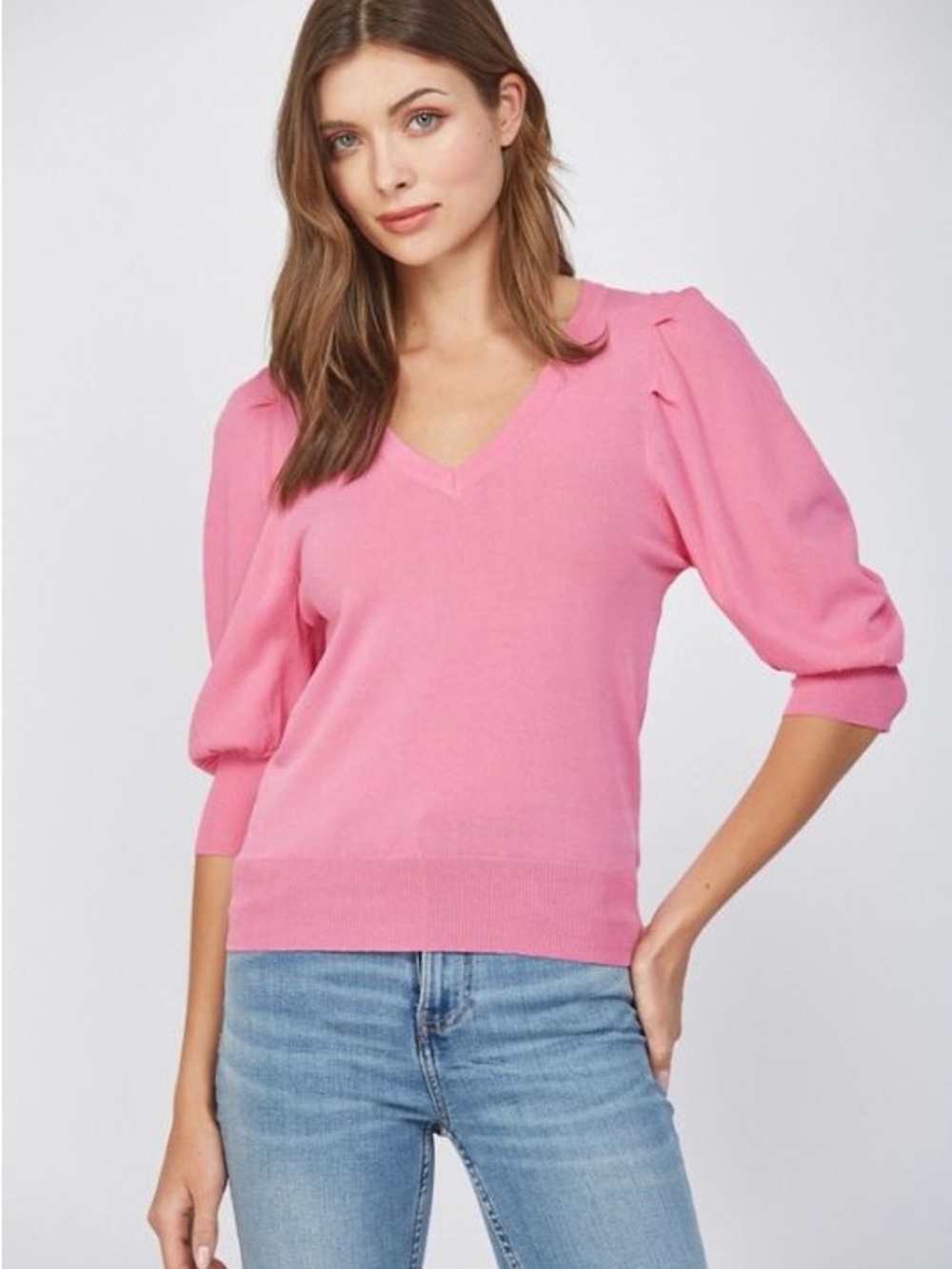 Fate Bright Pink V-Neck Puff Sleeve Sweater